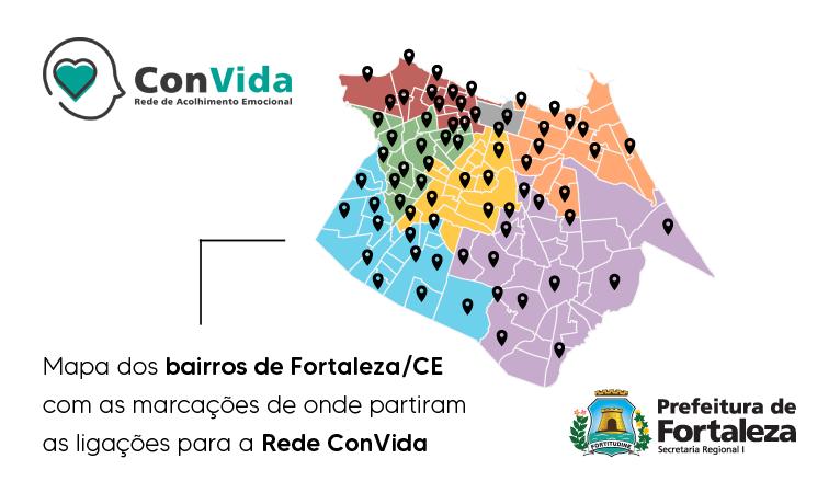 mapa de Fortaleza com marcações nos bairros atendidos
